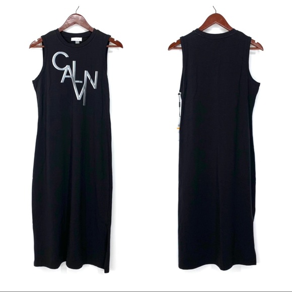 Calvin Klein Black Crewneck Maxi Tank Dress Gray Silver Shimmer Spellout - Picture 1 of 15